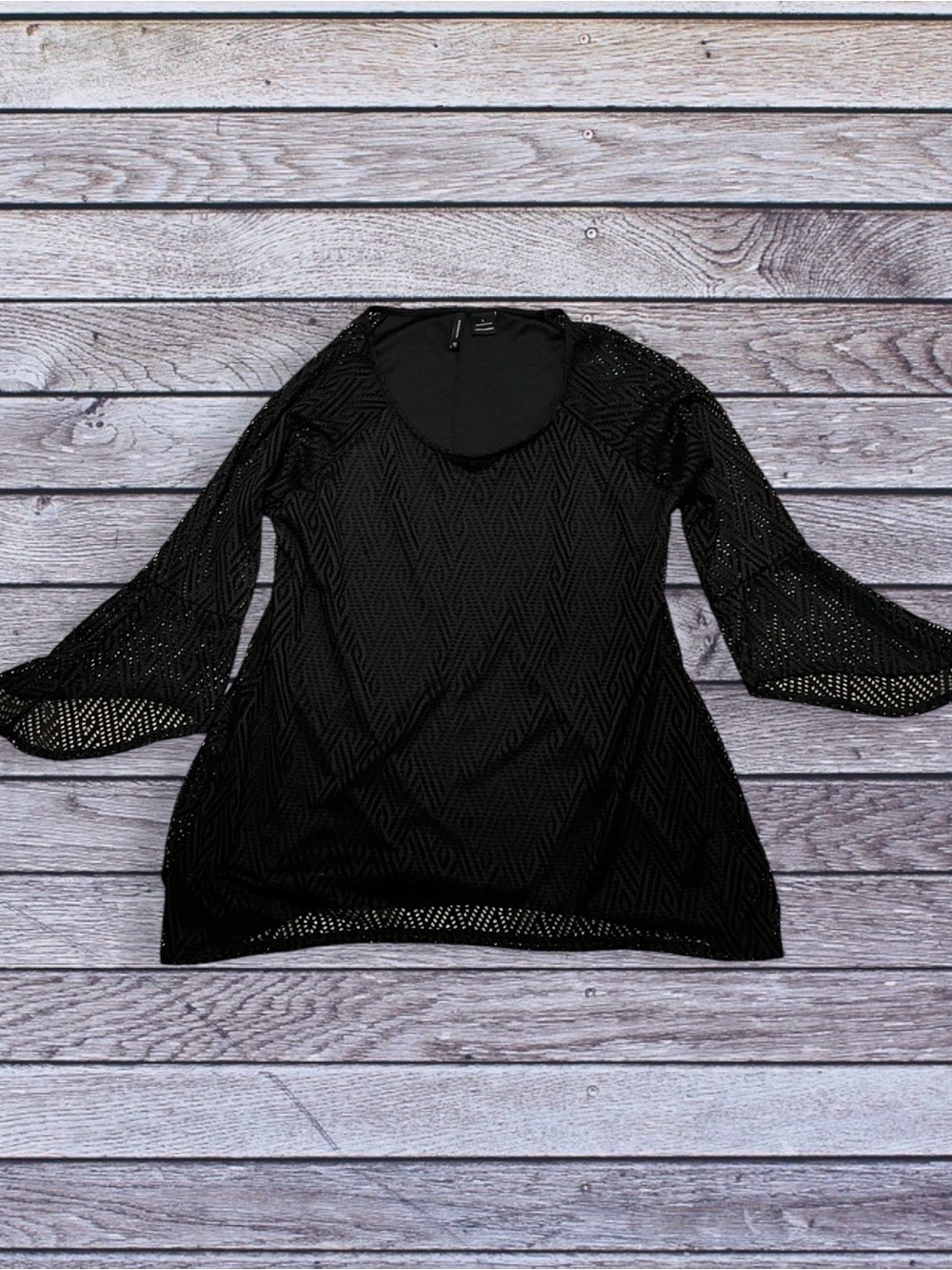 new directions Black Crochet Bell Sleeve Long Sleeve Scoop Neck Top Large